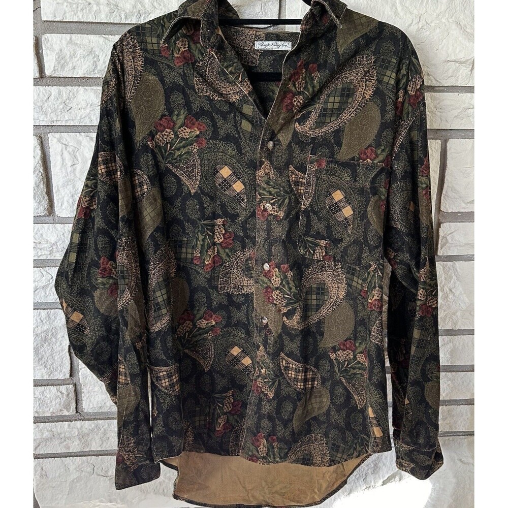 Bugle Boy Mens Black Olive Floral Paisley Button-Down Shirt